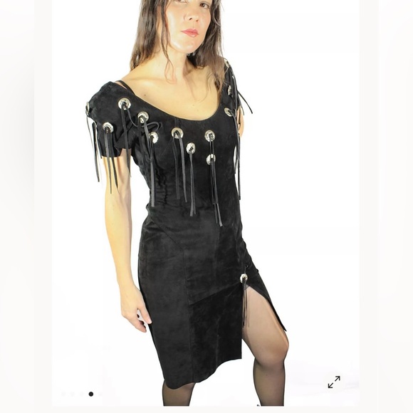 Dresses & Skirts - Western Fringe Concho Black Suede Dress 9/10 *VINTAGE*
